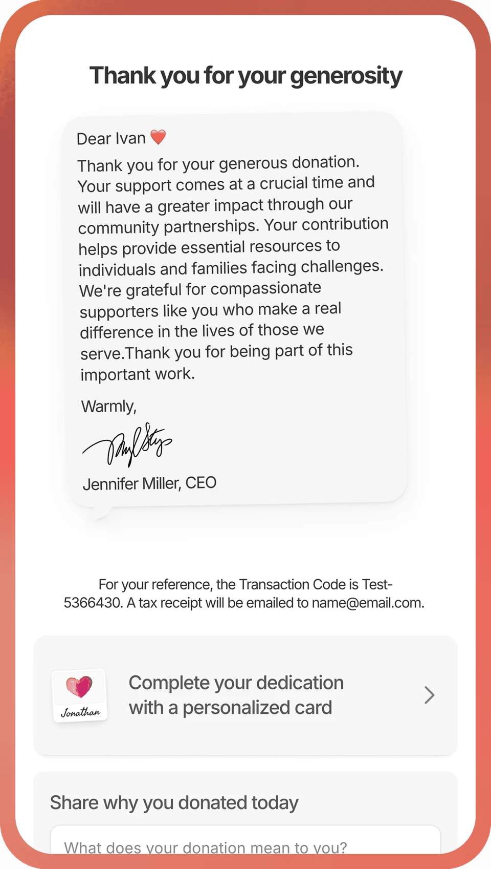 Mobile donation thank-you screen