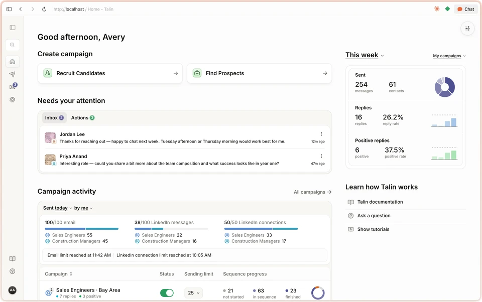 The new Talin homepage with Needs your attention, campaign activity, and performance metrics.