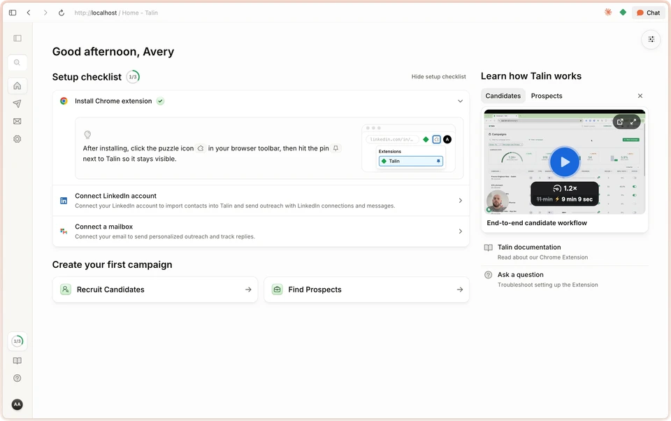 A setup checklist guiding new users through connecting their tools and creating a first campaign.