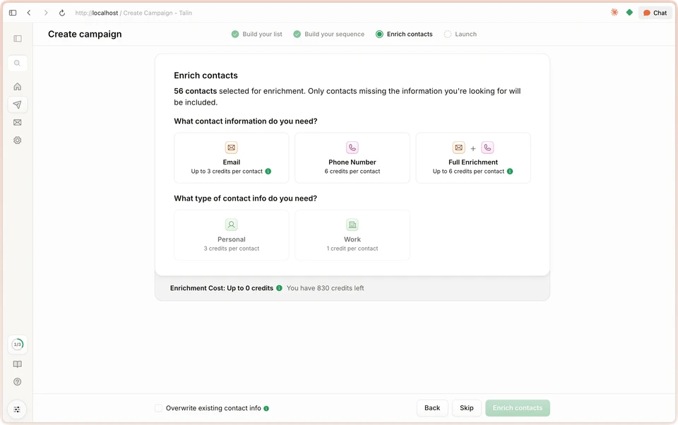 The redesigned Talin interface and design system, shown in the Enrich contacts step.