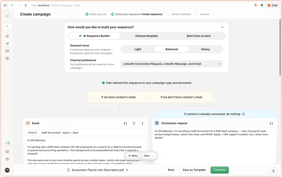 Talin campaign creation with AI sequence options and an automated outreach flow.