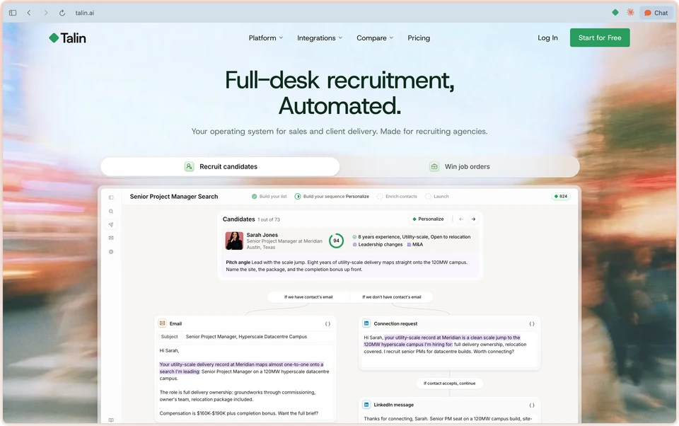 The Talin marketing website with the headline Full-desk recruitment, Automated.